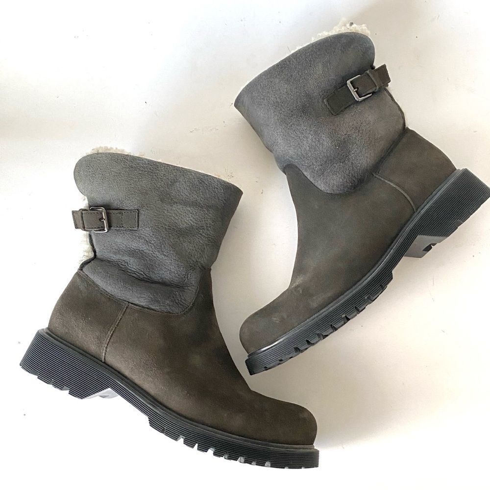 La CANADIENNE Brown & Gray Ankle Buckle Boots 7.5 Shearling Lining Chunky Boho